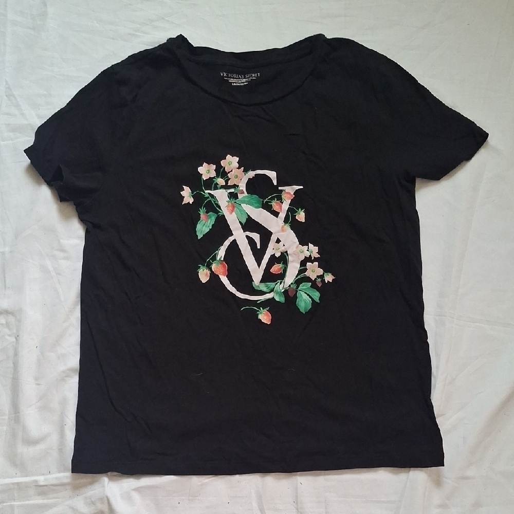 Victoria's Secret Black Tee with Pink Floral Design Size S
